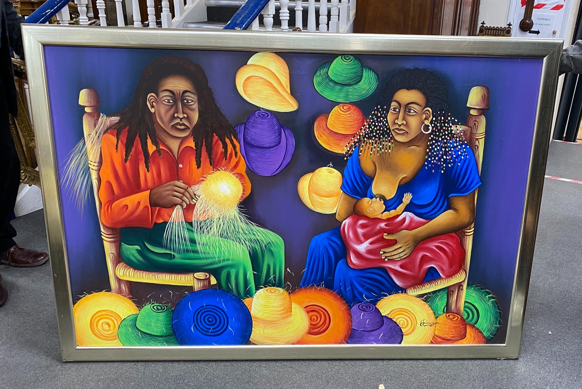 Haitian School, oil on canvas, Hat maker and a woman nursing a child, signed, 98 x 149cm